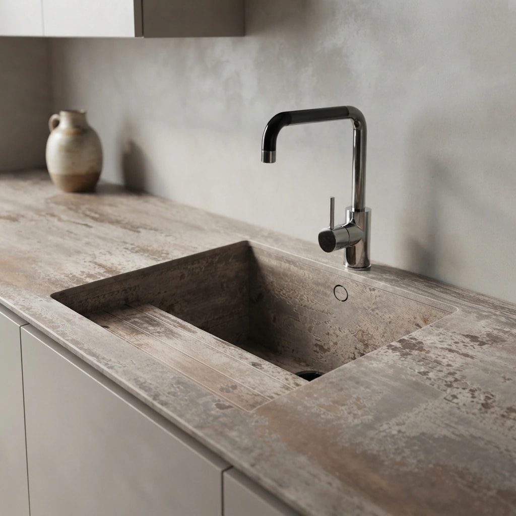 Dekton Trilium worktop with integrated sink and black tap