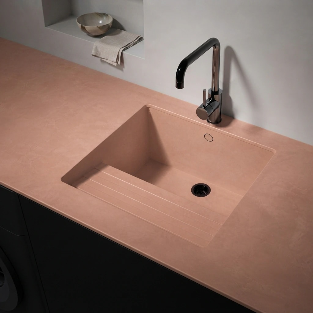 Dekton Umber Sa Talaia worktop with integrated sink and black tap