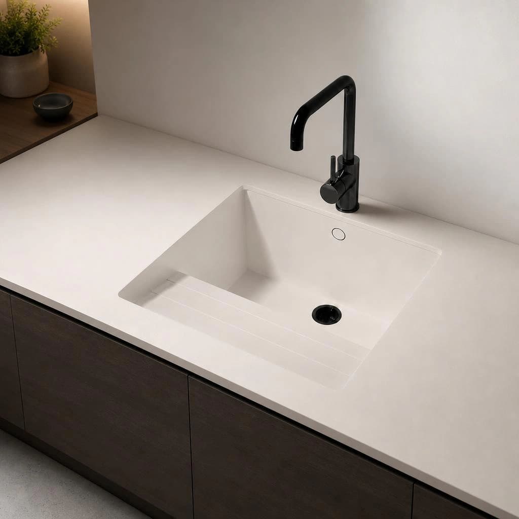 White Dekton Zenith Sa Talaia worktop with integrated sink and black tap