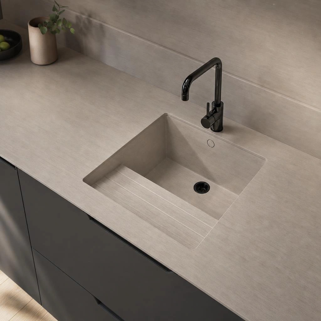 Dekton Zira worktop with integrated sink and black tap