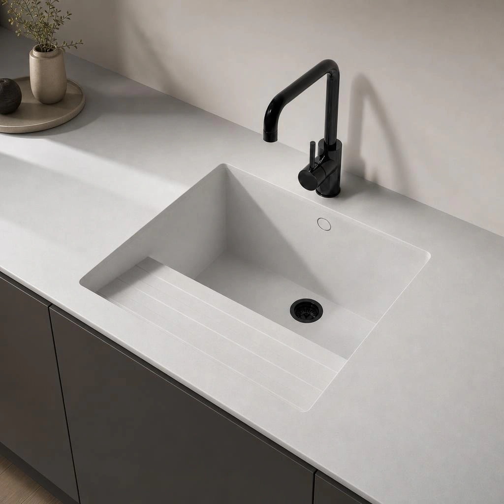 Weiße Silestone Blanco Norte14 Arbeitsplatte mit integriertem Spülbecken und schwarzer Armatur