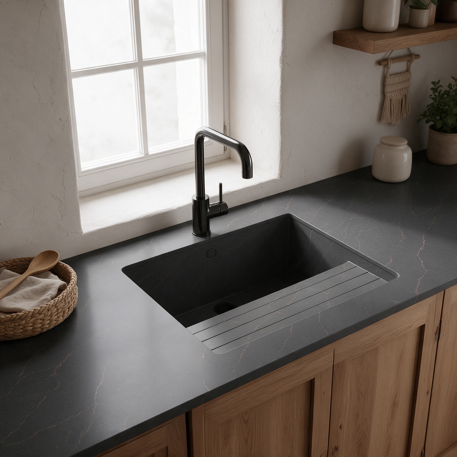 Sa Talaia sink integrated into a Silestone Bohemian Flame kitchen countertop.