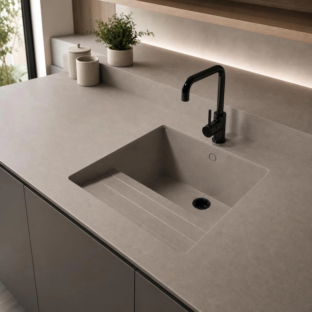 Silestone Brass Relish kitchen countertop with integrated sink and black faucet