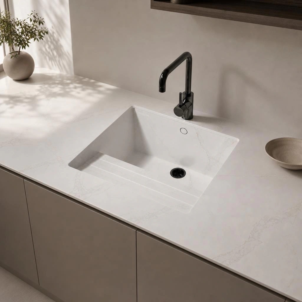 Silestone Bronze Rivers worktop with integrated sink and black tap