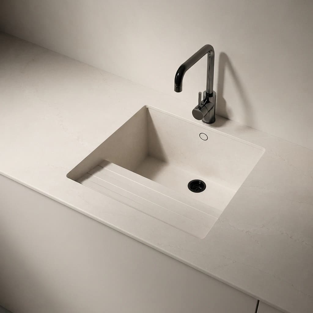 Silestone Calacatta Tova countertop with integrated sink and black faucet