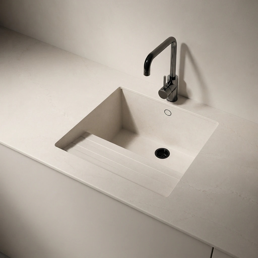 Silestone Calacatta Tova countertop with integrated sink and black faucet