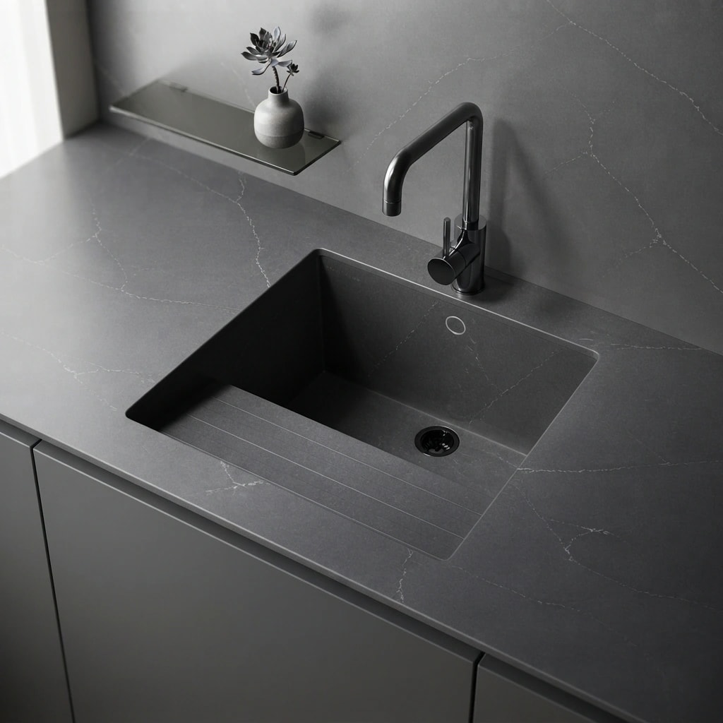 Dark grey countertop with integrated sink, black tap and light veining