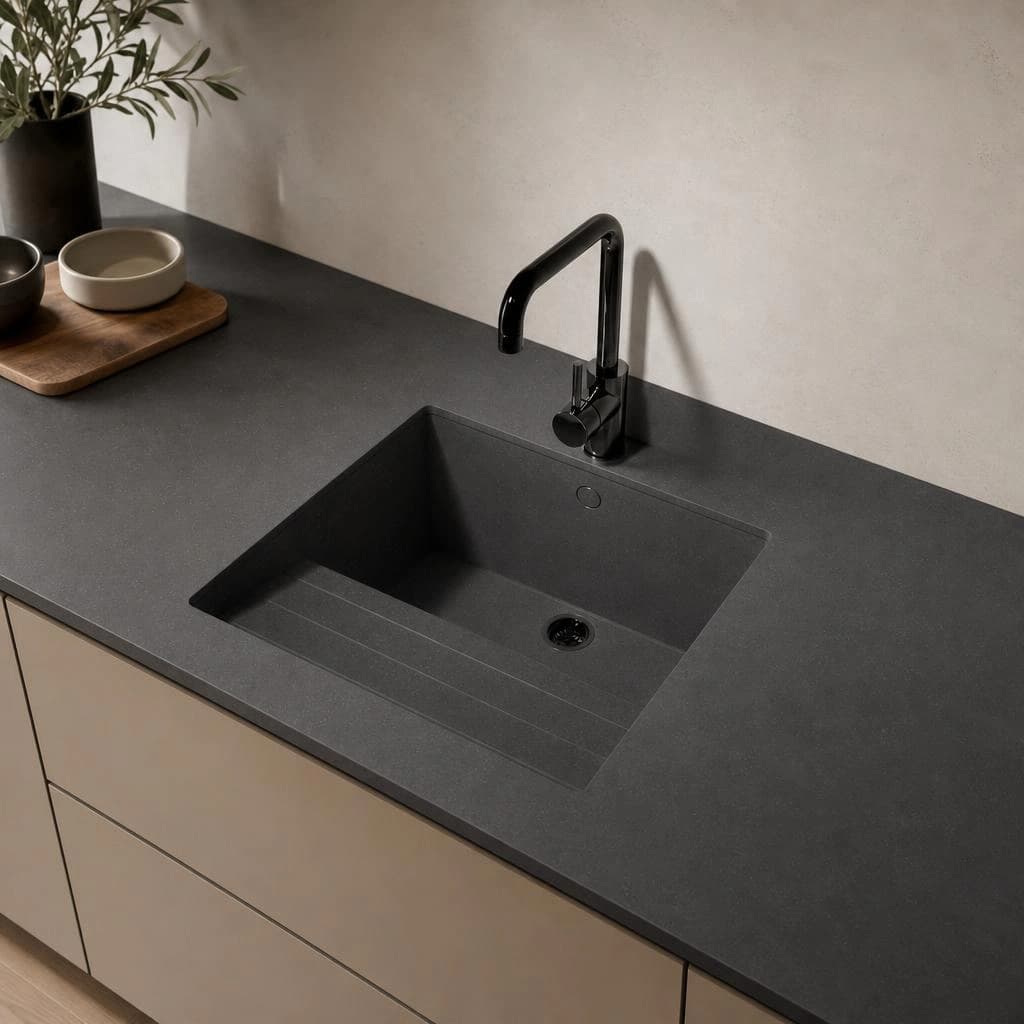 Dunkle Arbeitsplatte aus Silestone Cinder Craze mit integriertem Spülbecken und schwarzer Armatur
