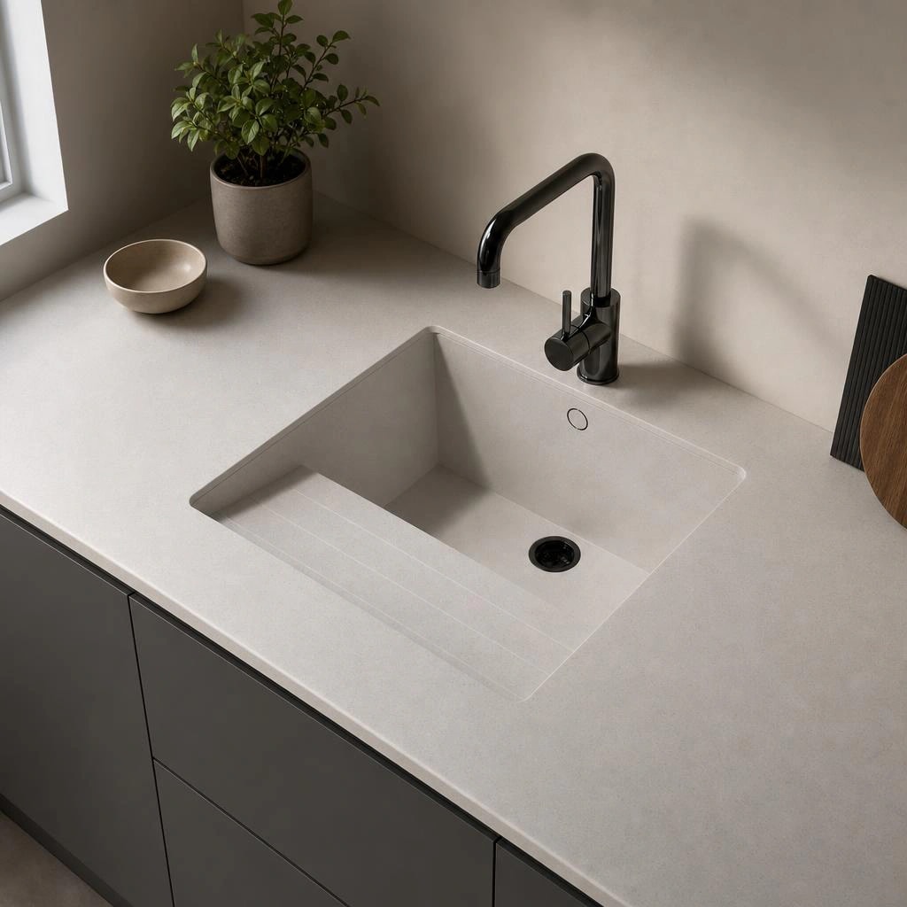 Light Silestone Concrete Pulse countertop with integrated sink and black tap