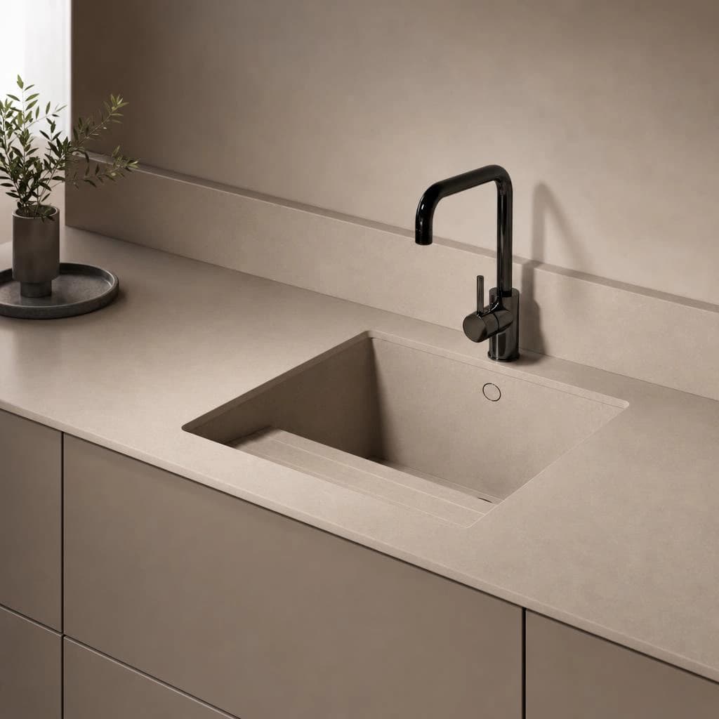 Silestone Sa Talaia worktop in Coral Clay Colour with integrated sink and black tap