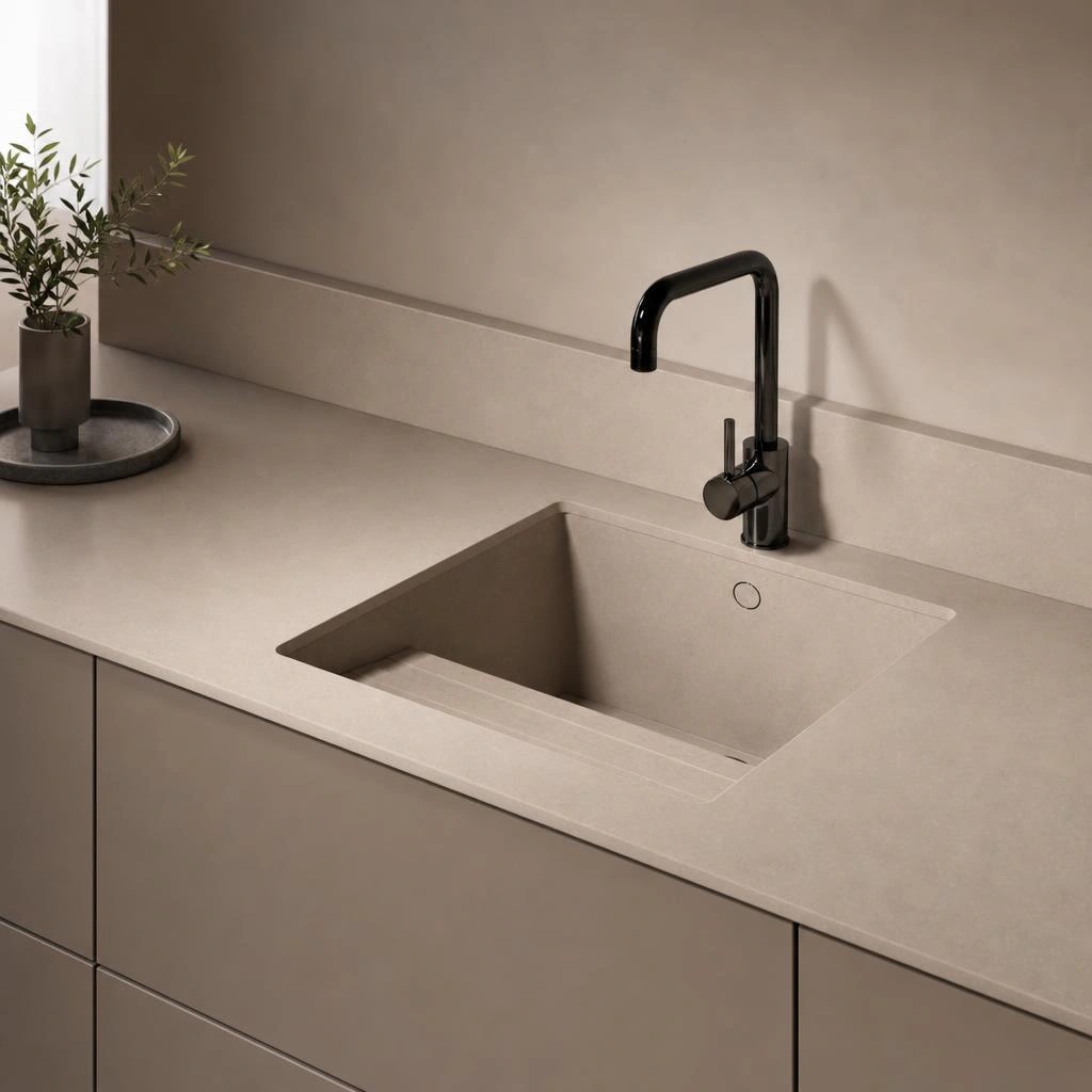 Silestone Sa Talaia worktop in Coral Clay Colour with integrated sink and black tap