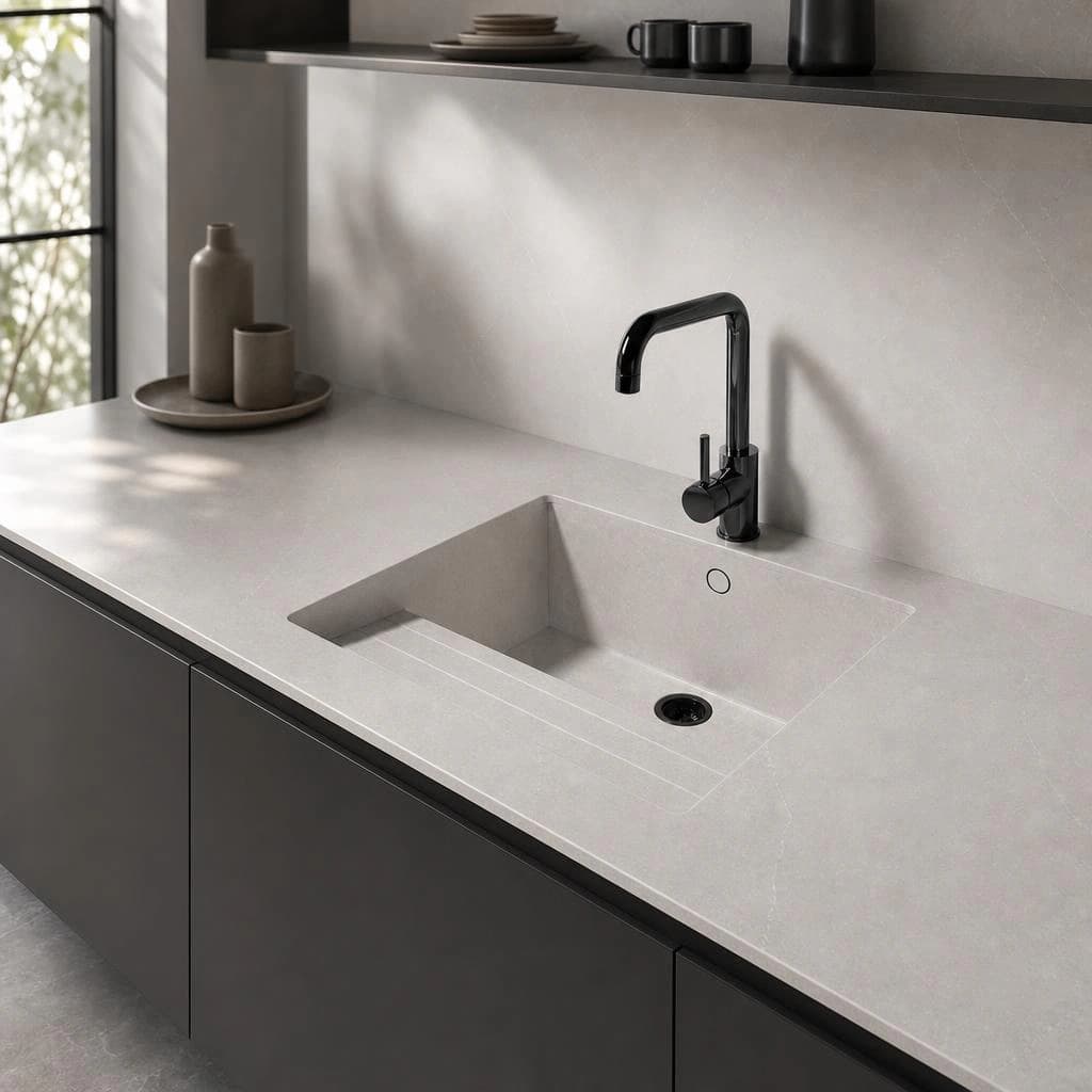 Silestone Sa Talaia countertop in Desert Silver with integrated sink and black faucet