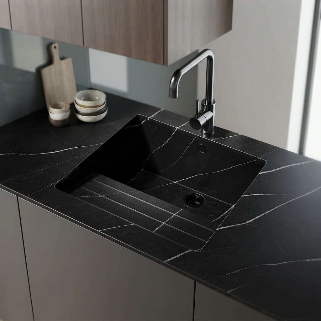 Black Silestone Et Marquina worktop with integrated sink and chrome tap