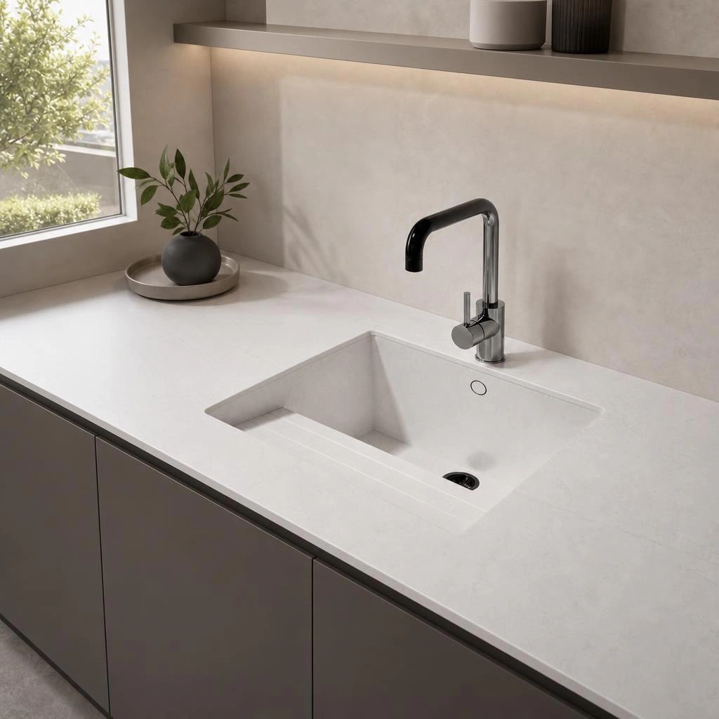 White Silestone Et Statuario countertop with integrated sink and black tap