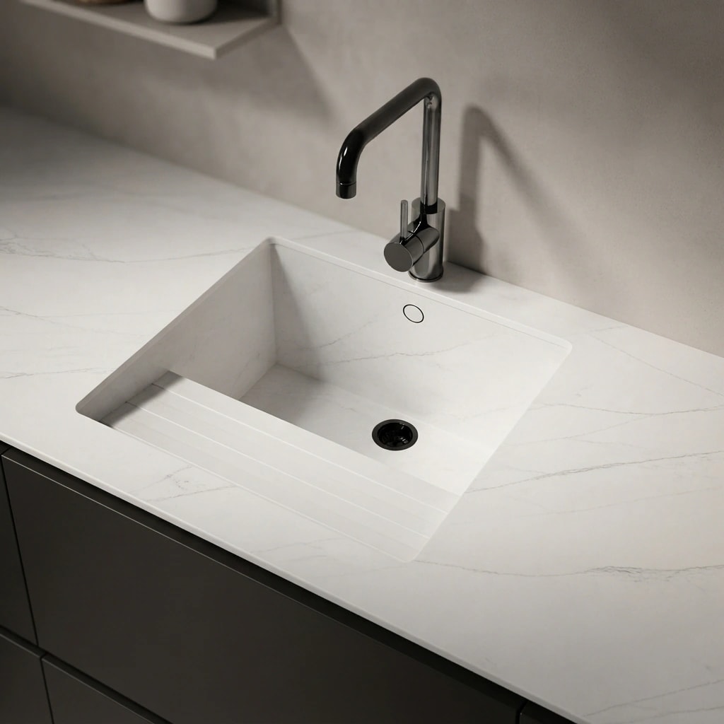 Silestone Ethereal Noctis countertop with integrated sink and black faucet