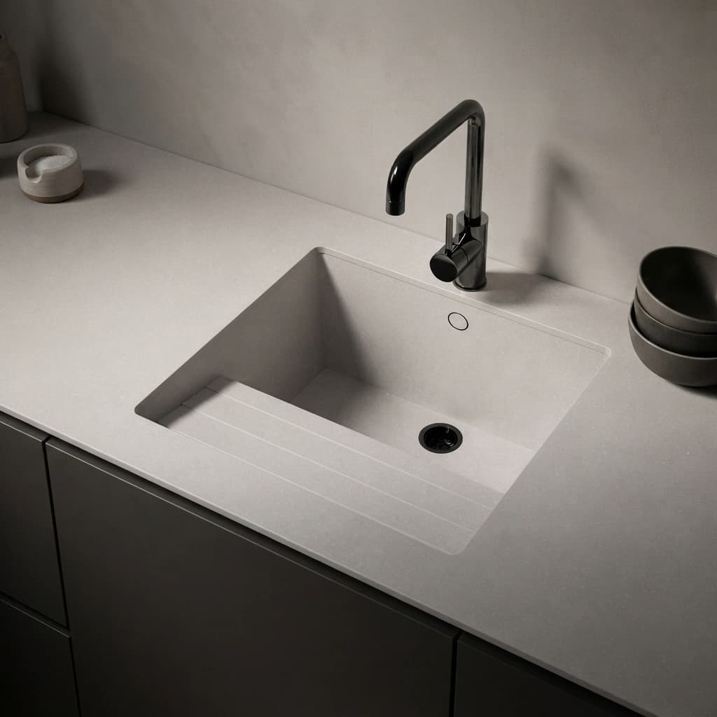 Silestone Sa Talaia worktop in Ffrom01 with integrated sink and black tap