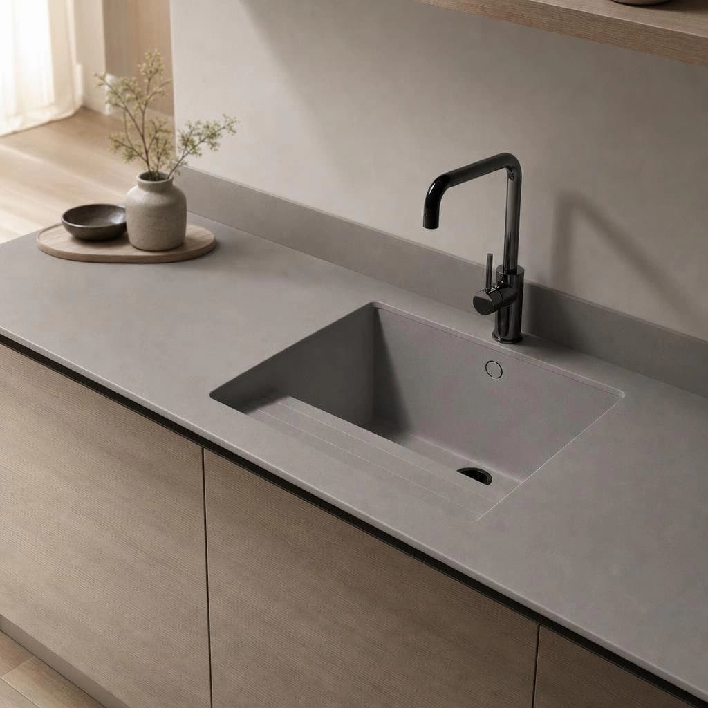 Expo Grey Silestone countertop with integrated sink and black faucet