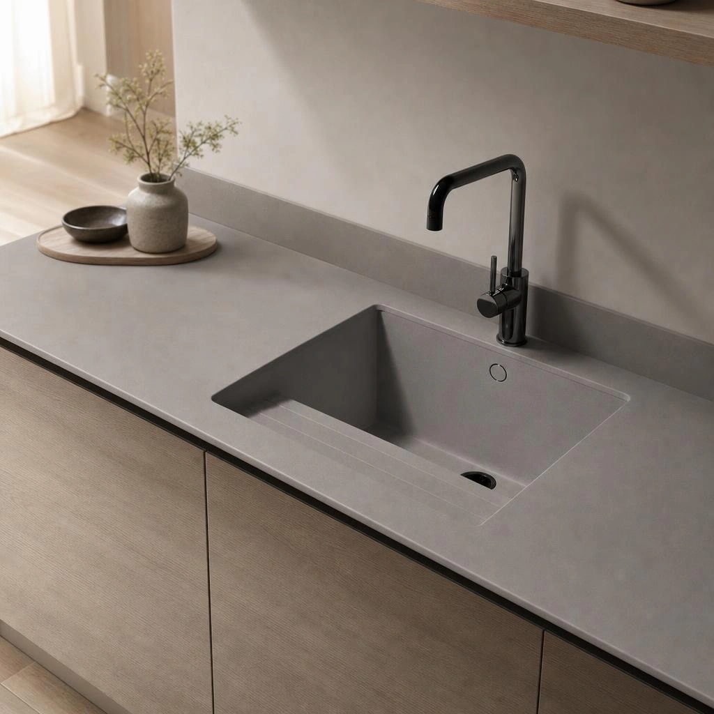 Expo Grey Silestone countertop with integrated sink and black faucet