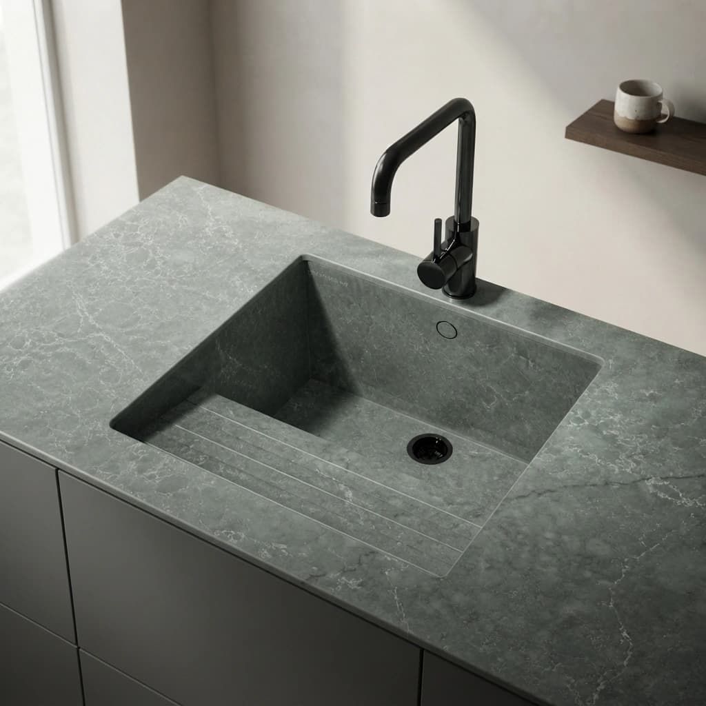 Silestone Jardin Emerald Arbeitsplatte mit integriertem Spülbecken und schwarzer Armatur