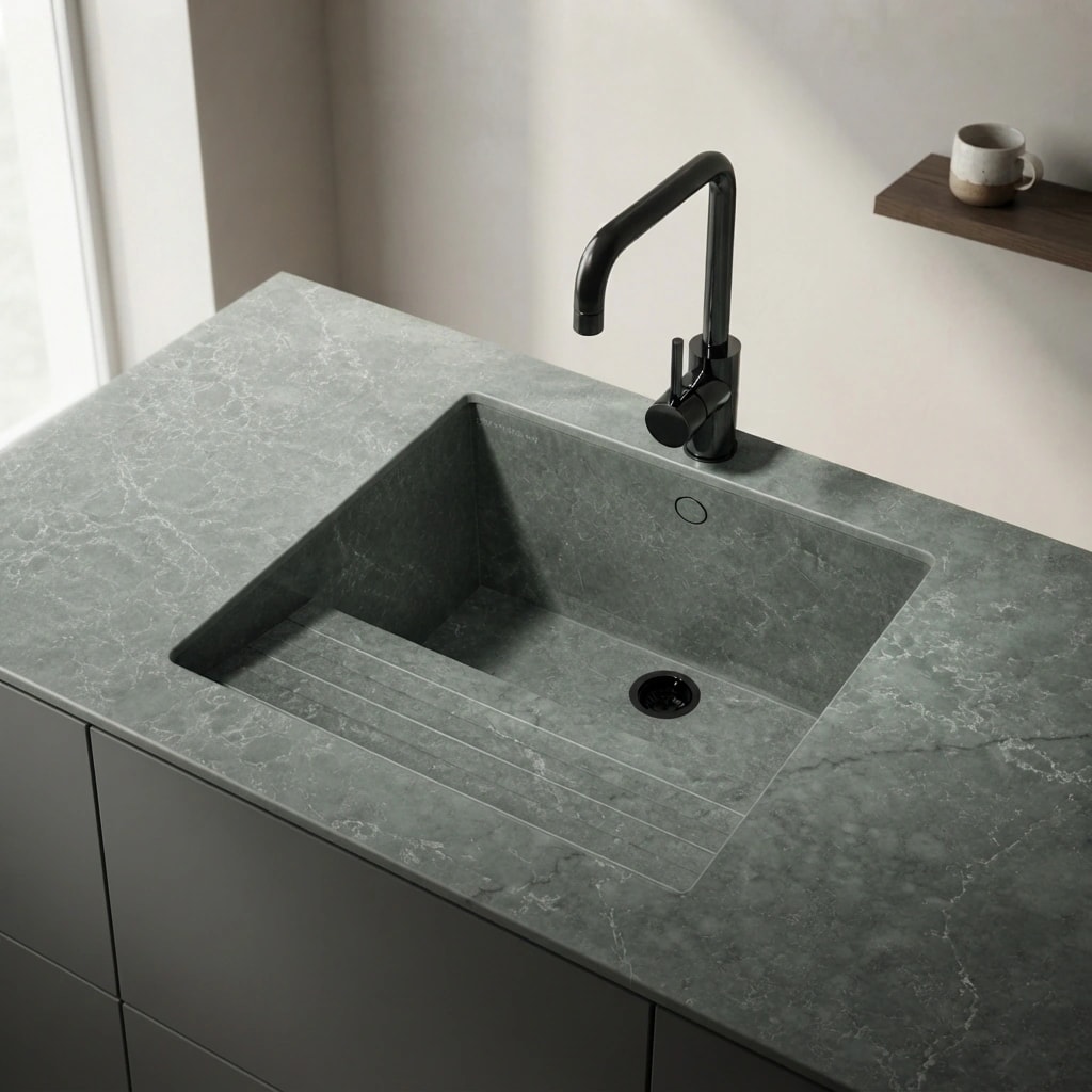 Silestone Jardin Emerald worktop with integrated sink and black tap