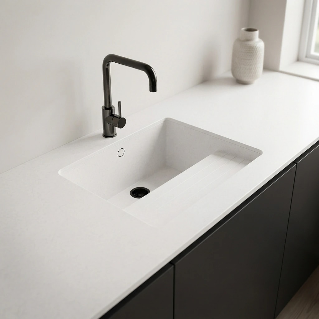 White Silestone Lagoon countertop with integrated sink and black tap