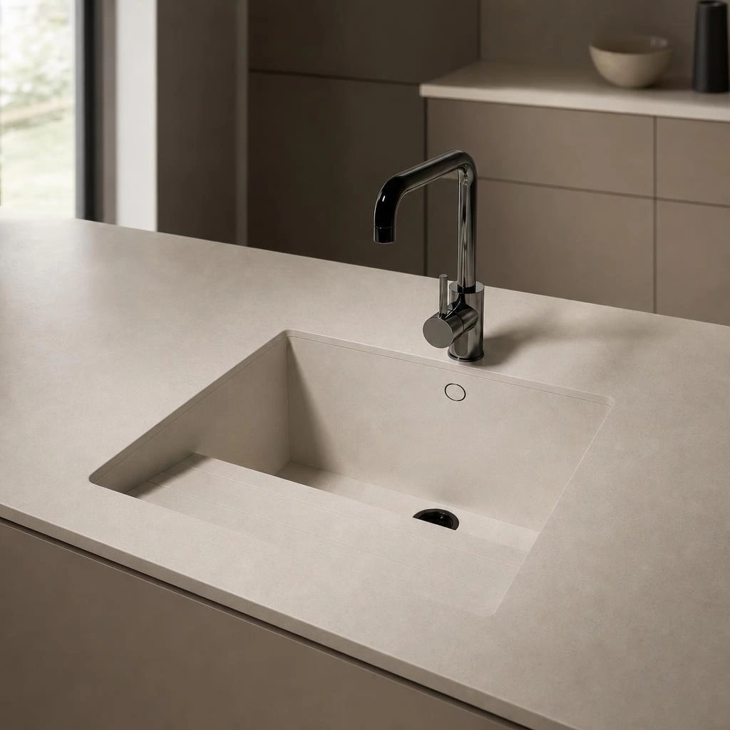 Silestone Sa Talaia countertop in Linen Cream with integrated sink and black tap