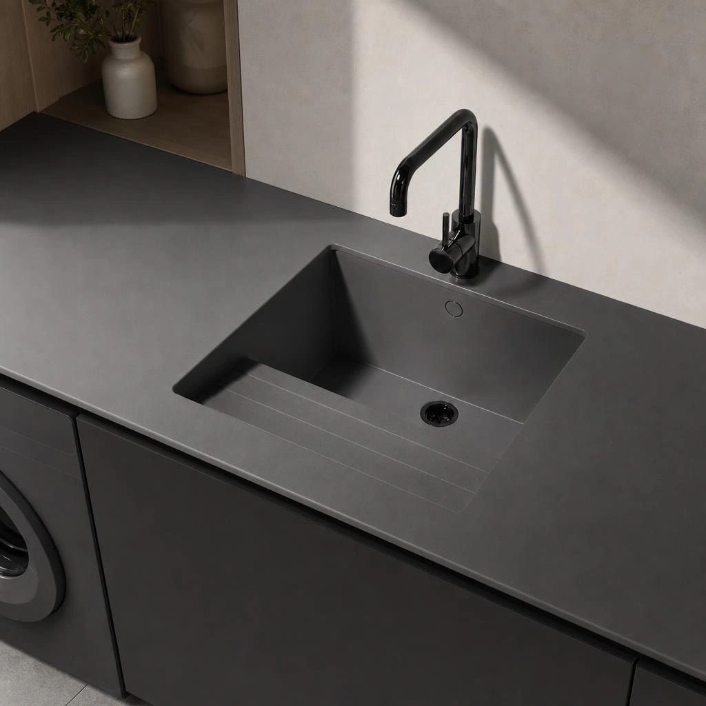 Marengo grey Silestone countertop with integrated sink and black tap