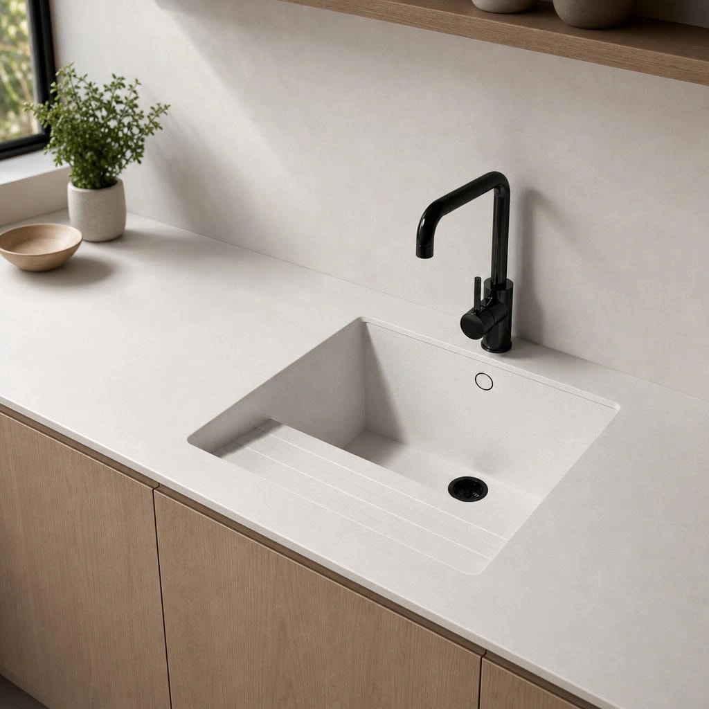 Silestone Miami Vena countertop with integrated sink and black tap