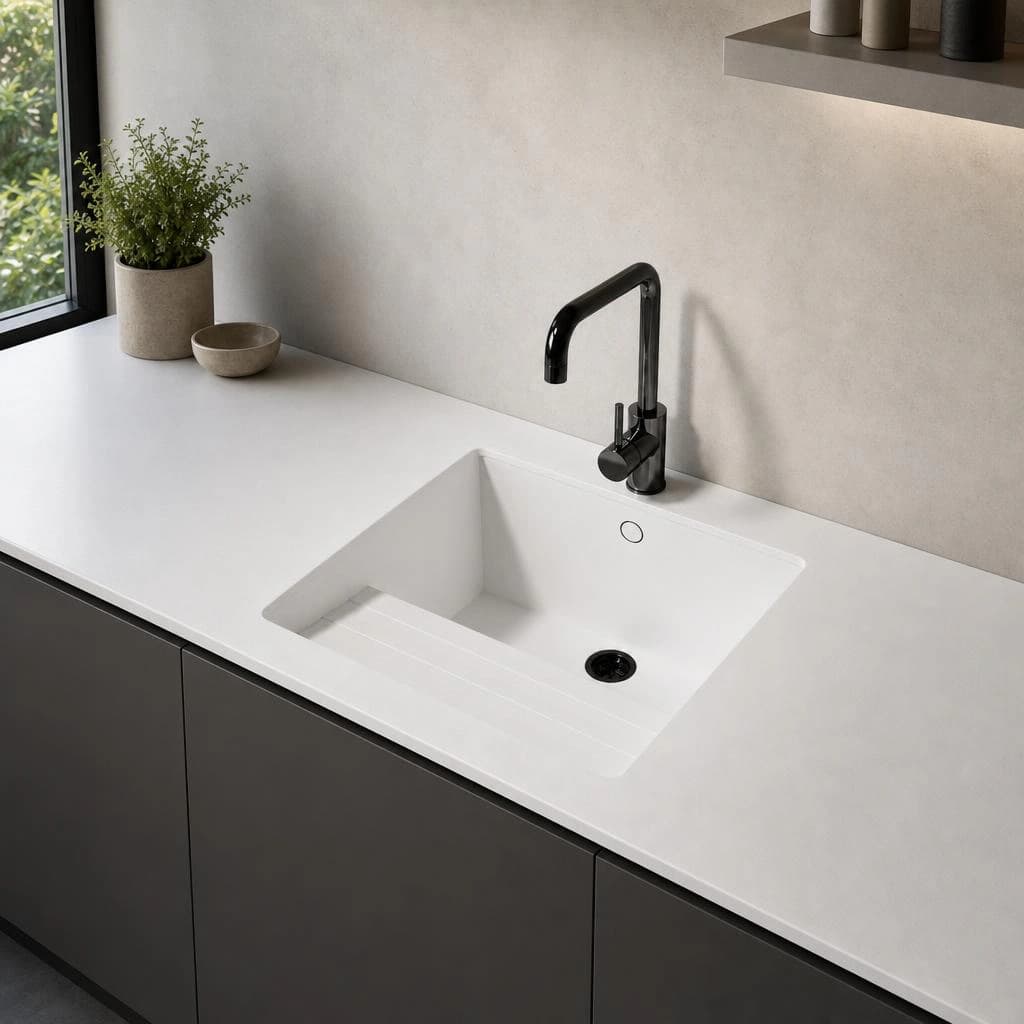 White Silestone Miami White countertop with integrated sink and black faucet
