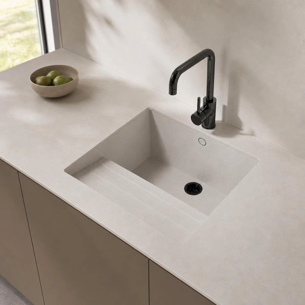 Silestone Nolita countertop with integrated sink and black faucet