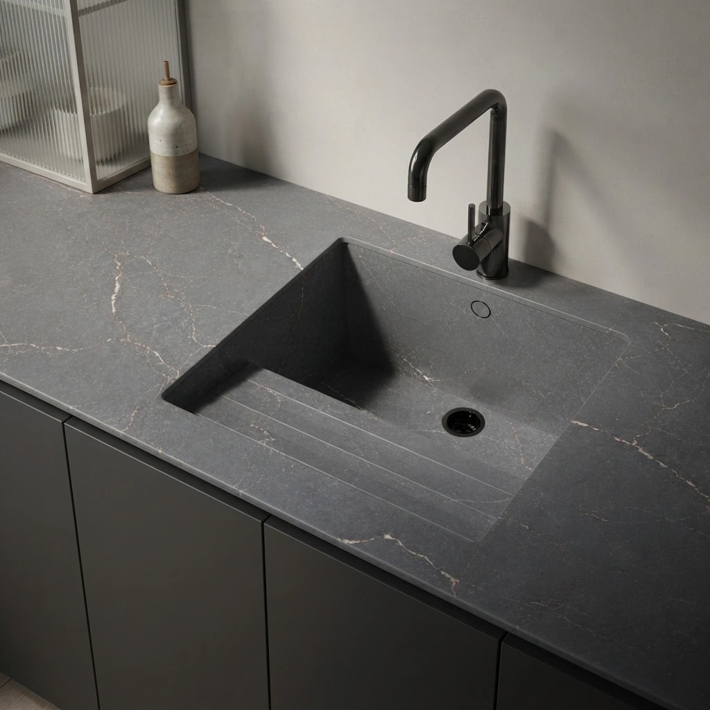 Silestone Parisien Bleu countertop with integrated sink and black tap