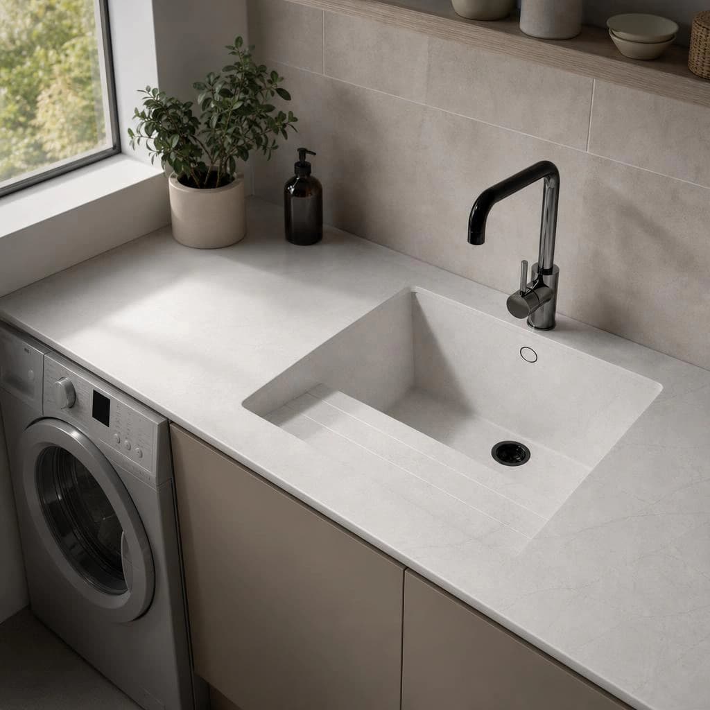 Encimera blanca Silestone Pearl Jasmine con fregadero integrado y grifo negro