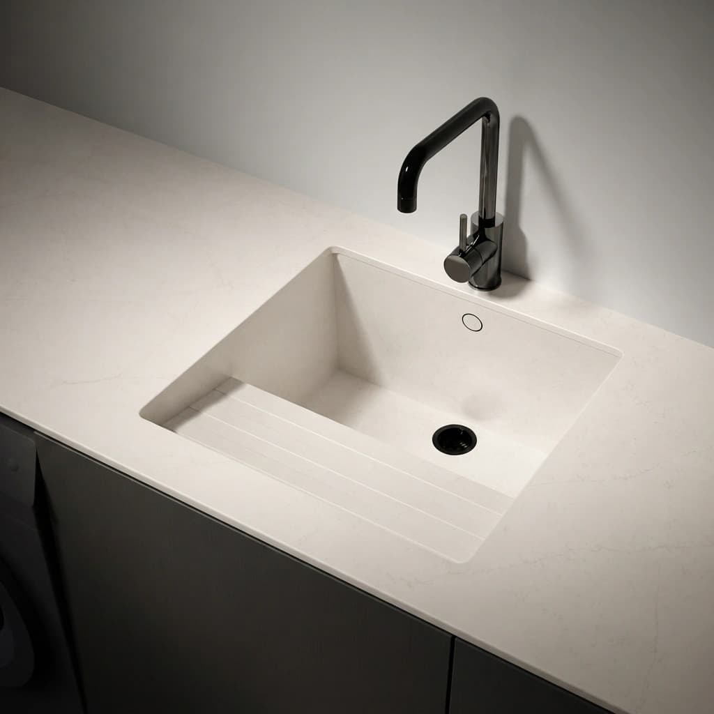 Weiße Silestone Persian White Arbeitsplatte mit integriertem Spülbecken und schwarzer Armatur