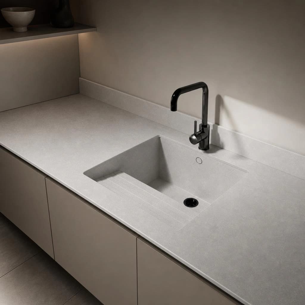 Silestone Poblenou Arbeitsplatte im Modell Sa Talaia mit integriertem Spülbecken und schwarzer Armatur