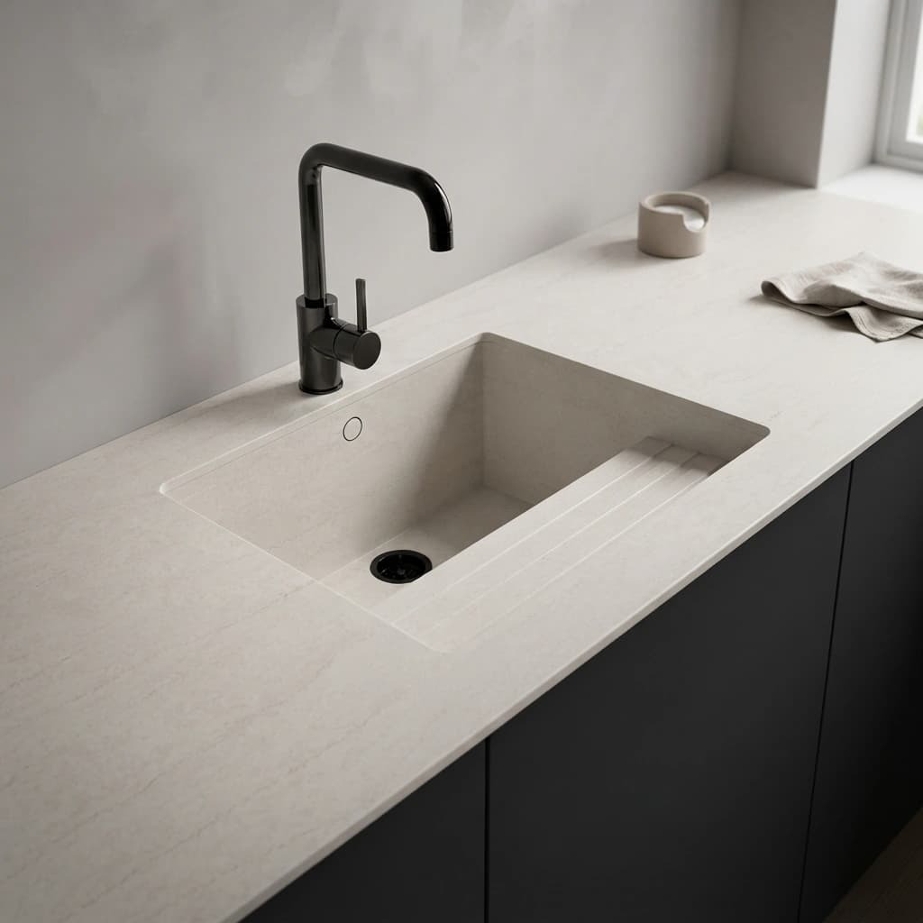 Bancada Silestone Raw A numa cozinha com lava-loiça integrado e torneira preta