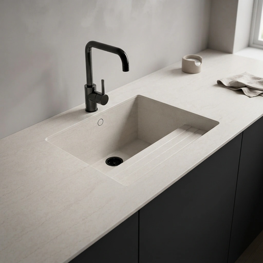 Silestone Raw A countertop in a kitchen with an integrated sink and black faucet