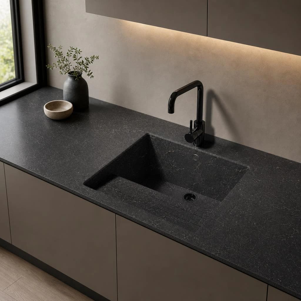 Silestone Romantic Ash countertop with integrated sink and black faucet