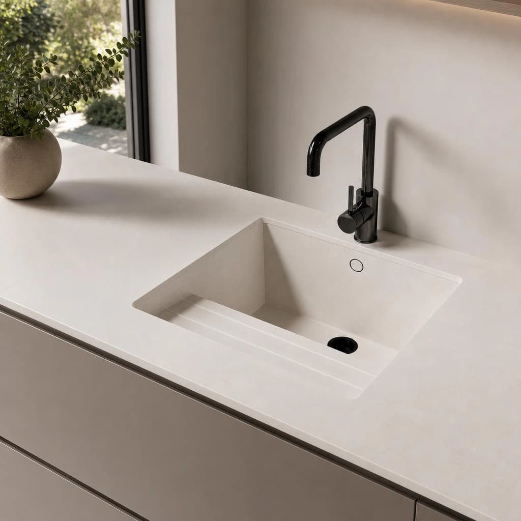 Weiße Silestone-Siberian-Arbeitsplatte mit integriertem Spülbecken und schwarzer Armatur