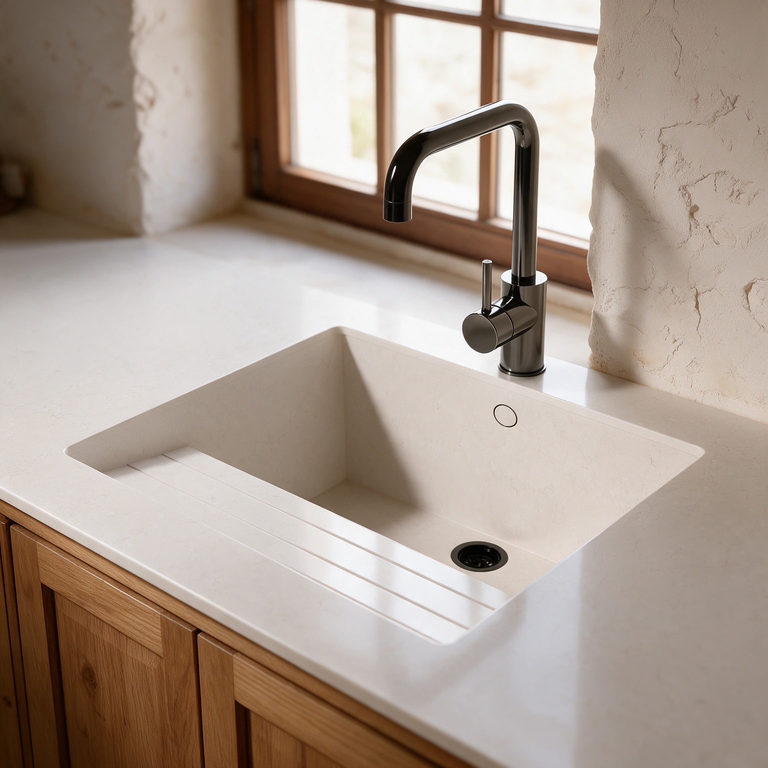 Sa Talaia sink integrated into a Silestone Snowy Ibiza kitchen countertop.