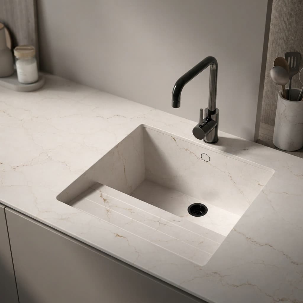 Light Silestone Versailles Ivory countertop with integrated sink and black tap