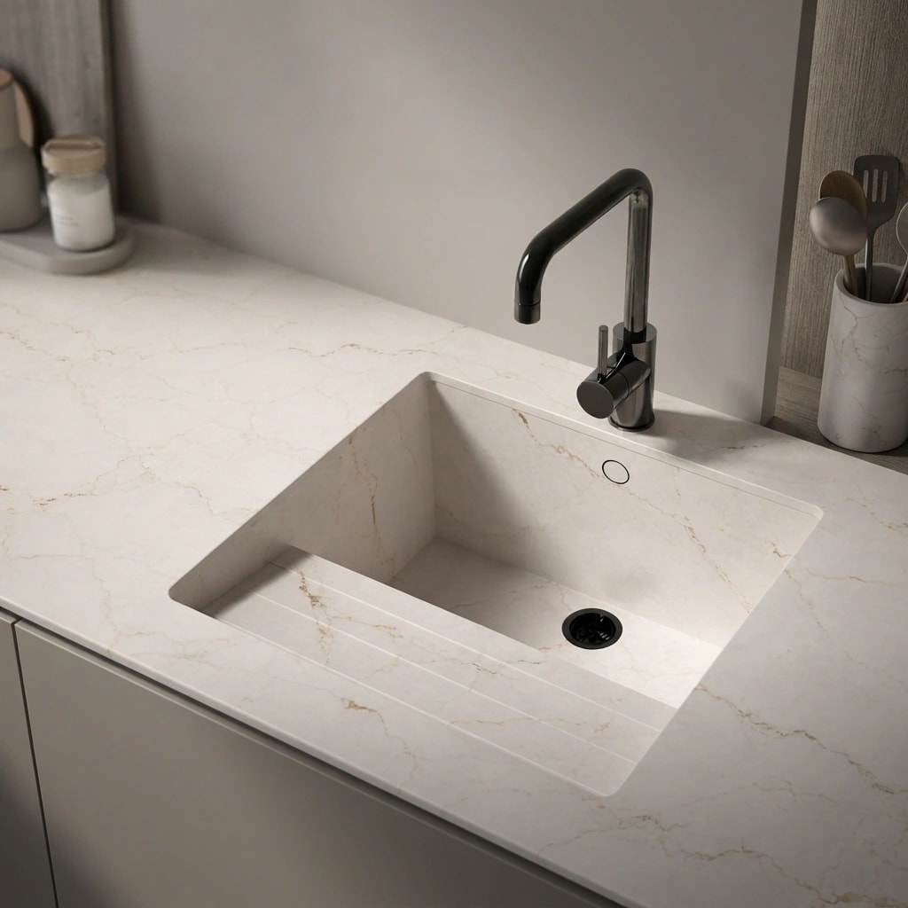 Light Silestone Versailles Ivory countertop with integrated sink and black tap