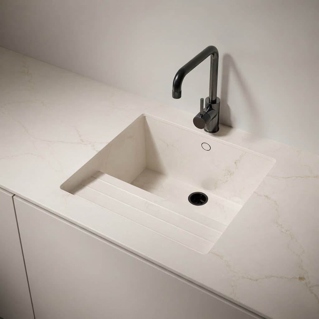 Silestone Victorian Silver countertop with integrated sink and black tap