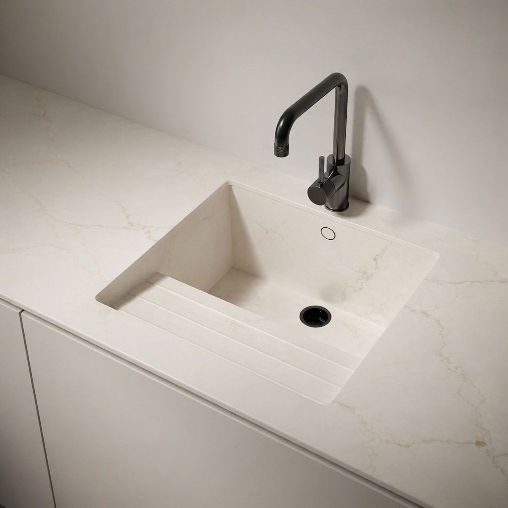 Piano di lavoro Silestone Victorian Silver con lavello integrato e rubinetto nero