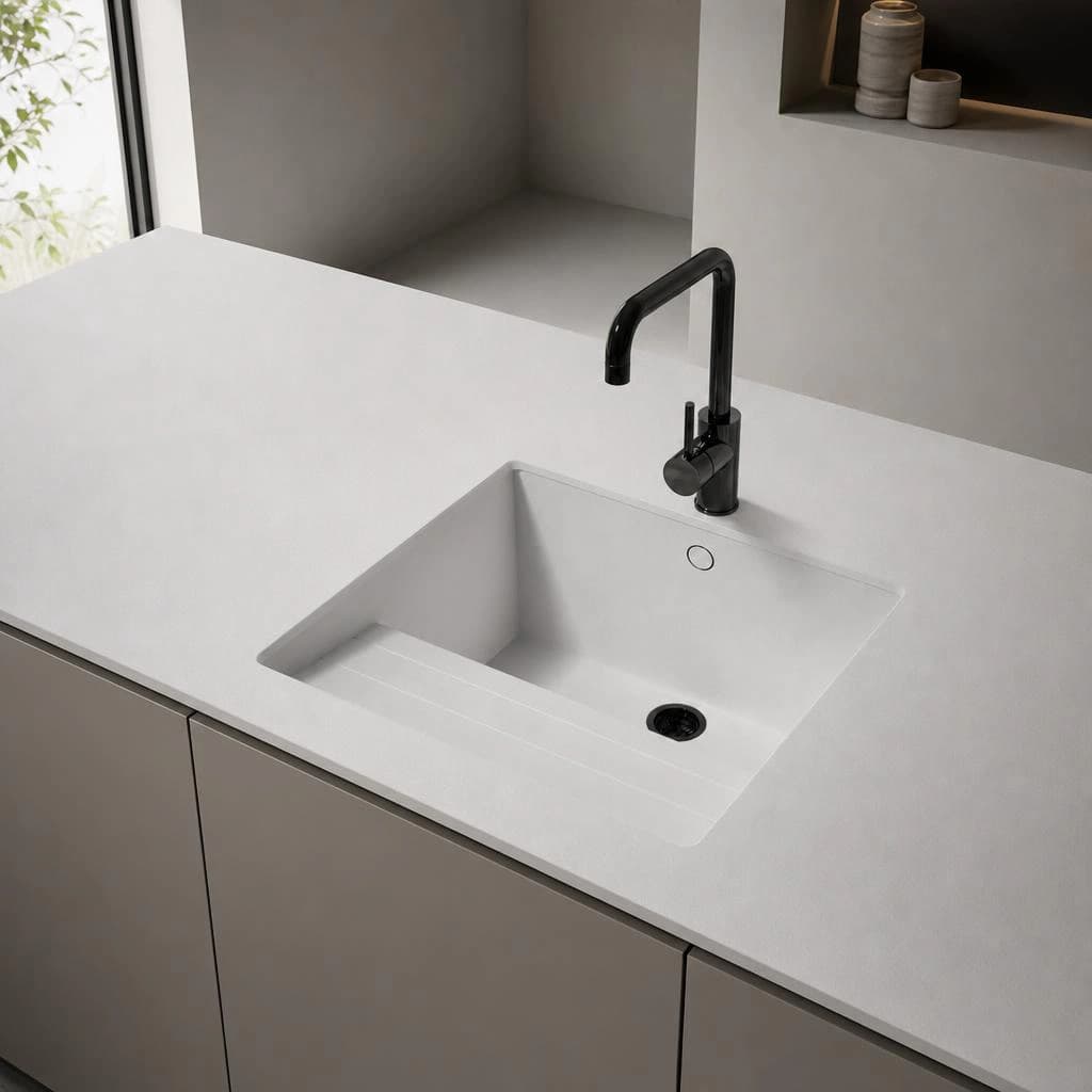 White Silestone Sa Talaia White Storm14 worktop with integrated sink and black tap