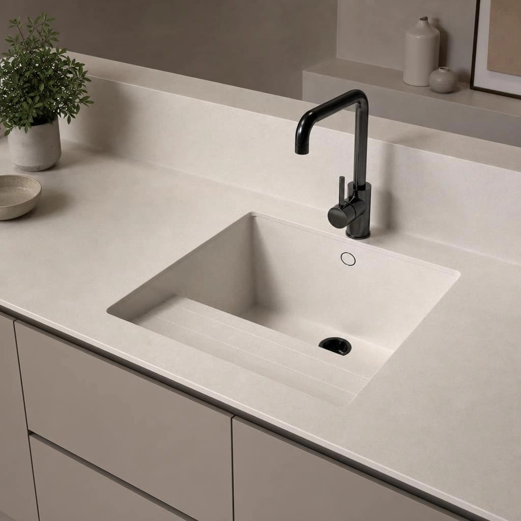 White Silestone White Zeus countertop with integrated sink and black tap