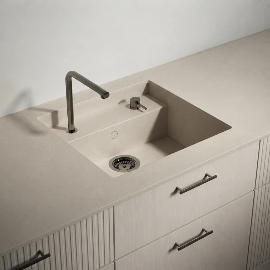 Dekton Adia countertop with integrated sink, faucet and dispenser