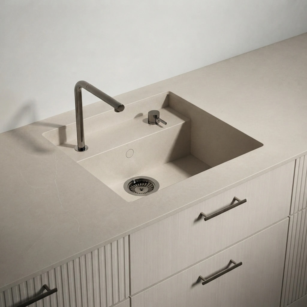 Dekton Adia countertop with integrated sink, faucet and dispenser