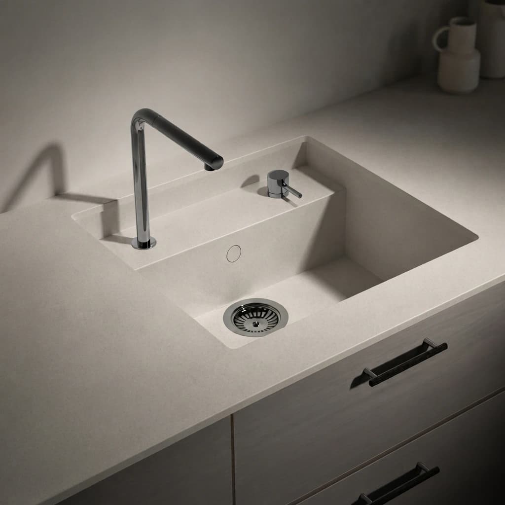 Dekton Aeris Arbeitsplatte mit integriertem Spülbecken, Armatur und Seifenspender