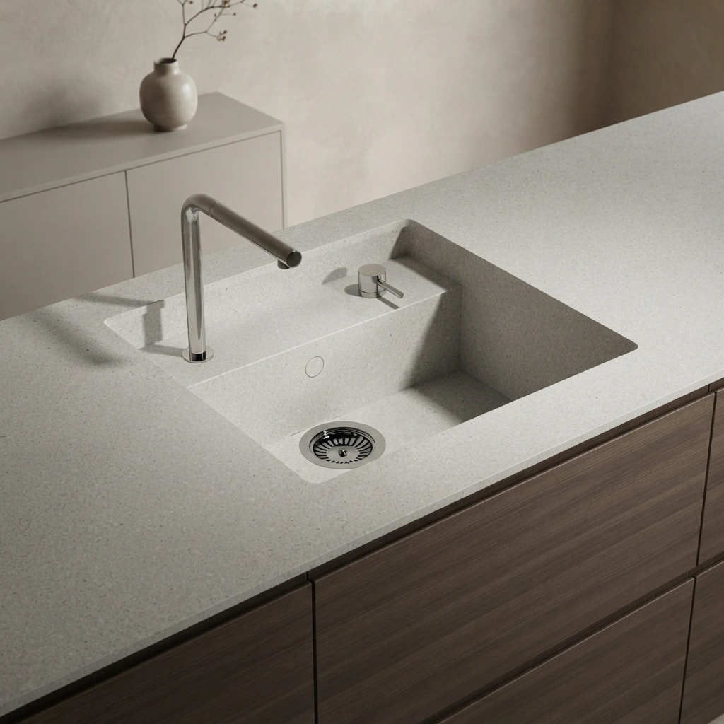 Dekton Albarium worktop with integrated sink and metal tap