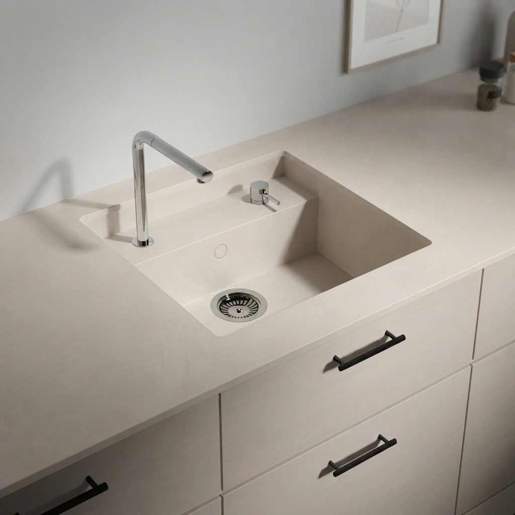 Dekton Argentium Arbeitsplatte mit integriertem Spülbecken und Armatur